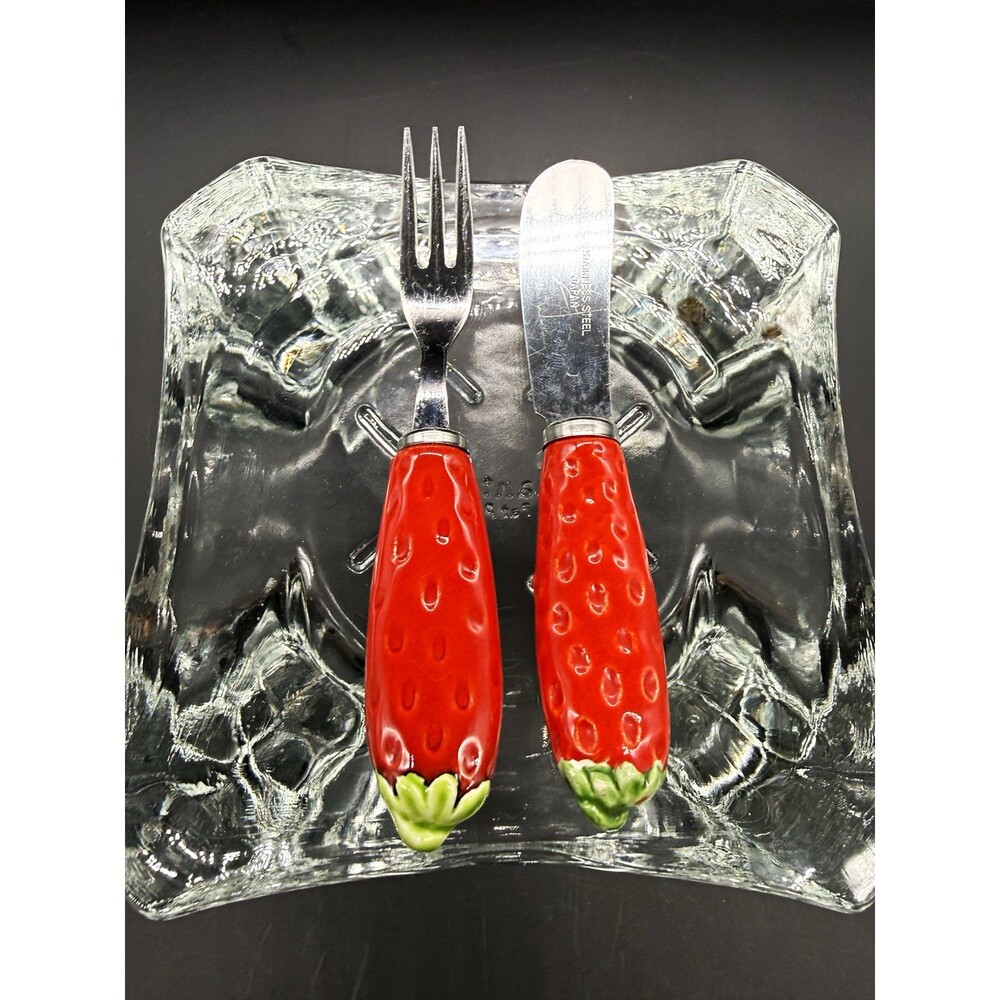 Vintage Strawberry Handle Fork Butter Knife Spreader Stainless Steel Japan Set